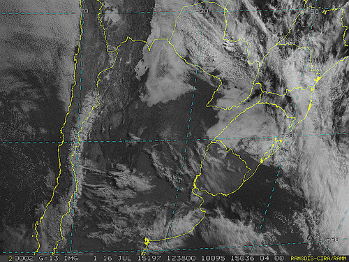 Imagem do satélite GOES 13/NOAA/EUA – Canal do Visível – dia 16/07/2015 – Hora local: 09:40 – Sul do Brasil.