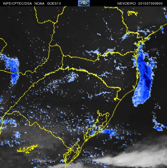 Imagem do satélite GOES 13/NOAA/EUA – Canal do Infravermelho + realce – dia 30/07/2015 – Hora local: 06:00 – Sul do Brasil.