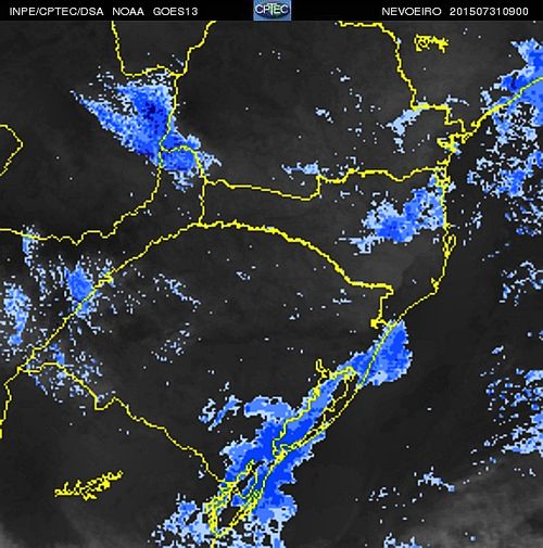Imagem do satélite GOES 13/NOAA/EUA – Canal do Infravermelho + realce – dia 31/07/2015 – Hora local: 06:00 – Sul do Brasil.