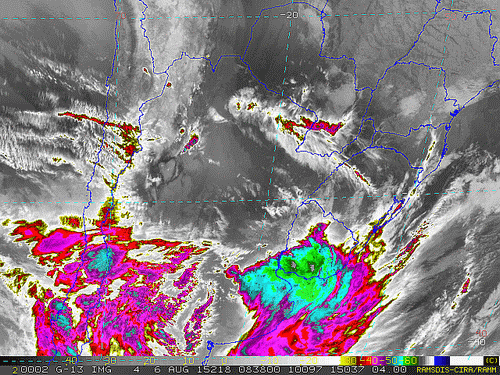 Imagem do satélite GOES 13/NOAA/EUA – Canal do Infravermelho + realce – dia 06/08/2015 – Hora local: 05:40 – Sul do Brasil.