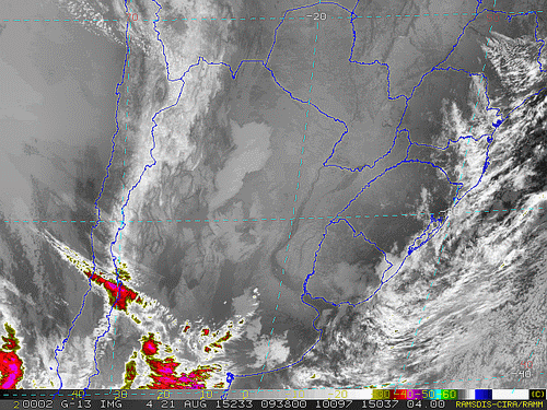 Imagem do satélite GOES 13/NOAA/EUA – Canal do Infravermelho + realce – dia 21/08/2015 – Hora local: 06:40 – Sul do Brasil.