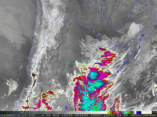 Imagem do satélite GOES 13/NOAA/EUA – Canal do Infravermelho + realce – dia 26/08/2015 – Hora local: 06:40 – Sul do Brasil.