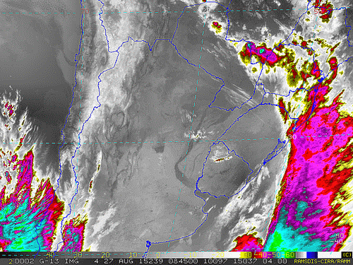 Imagem do satélite GOES 13/NOAA/EUA – Canal do Infravermelho + realce – dia 27/08/2015 – Hora local: 05:45 – Sul do Brasil.