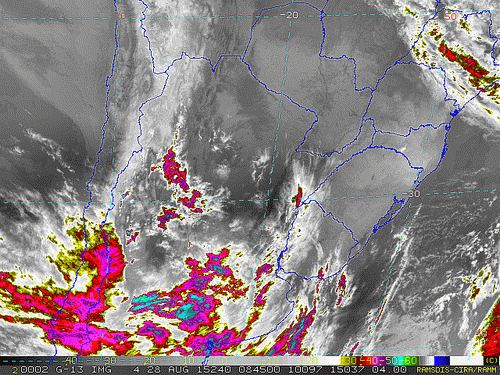Imagem do satélite GOES 13/NOAA/EUA – Canal do Infravermelho + realce – dia 28/08/2015 – Hora local: 05:45 – Sul do Brasil.