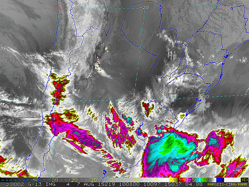Imagem do satélite GOES 13/NOAA/EUA – Canal do Infravermelho + realce – dia 07/08/2015 – Hora local: 07:10 – Sul do Brasil.