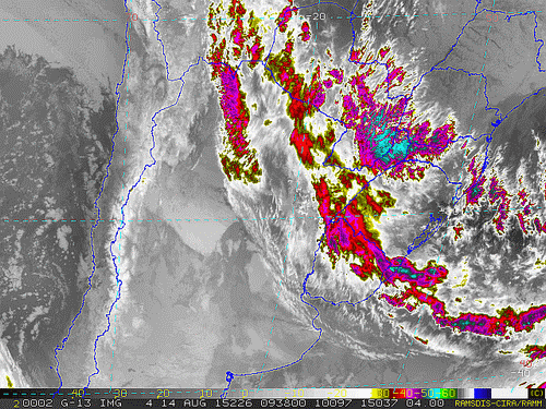 Imagem do satélite GOES 13/NOAA/EUA – Canal do Infravermelho + realce – dia 14/08/2015 – Hora local: 06:40 – Sul do Brasil.