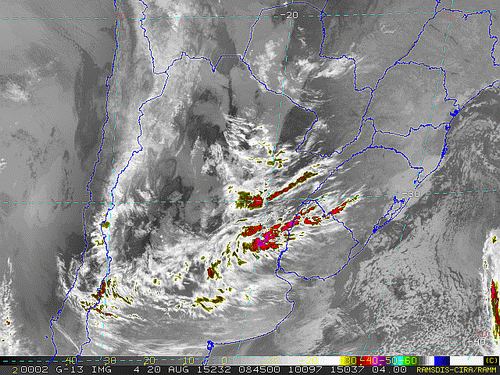 Imagem do satélite GOES 13/NOAA/EUA – Canal do Infravermelho + realce – dia 20/08/2015 – Hora local: 05:45 – Sul do Brasil.