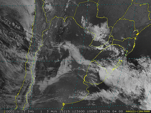 Imagem do satélite GOES 13/NOAA/EUA – Canal do Visível – dia 03/08/2015 – Hora local: 09:40 – Sul do Brasil.