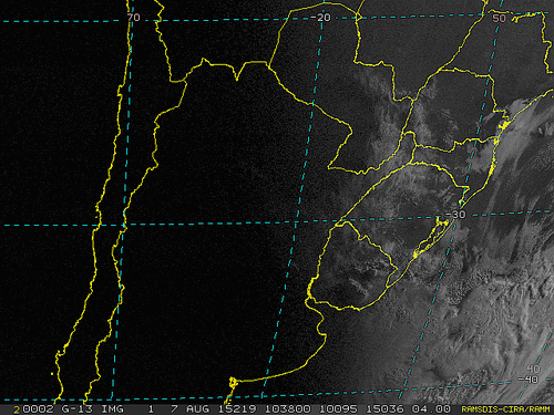 Imagem do satélite GOES 13/NOAA/EUA – Canal do Visível – dia 07/08/2015 – Hora local: 07:40 – Sul do Brasil.