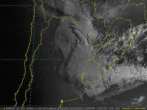 Imagem do satélite GOES 13/NOAA/EUA – Canal do Visível – dia 17/08/2015 – Hora local: 08:10 – Sul do Brasil.