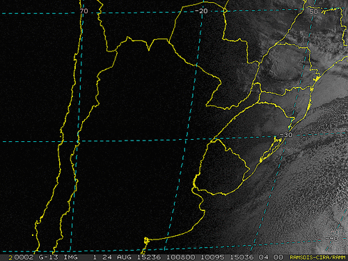 Imagem do satélite GOES 13/NOAA/EUA – Canal do Visível – dia 24/08/2015 – Hora local: 07:10 – Sul do Brasil.