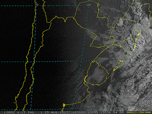 Imagem do satélite GOES 13/NOAA/EUA – Canal do Visível – dia 25/08/2015 – Hora local: 07:40 – Sul do Brasil.