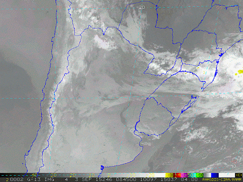 Imagem do satélite GOES 13/NOAA/EUA – Canal do Infravermelho + realce – dia 03/09/2015 – Hora local: 05:45 – Sul do Brasil.