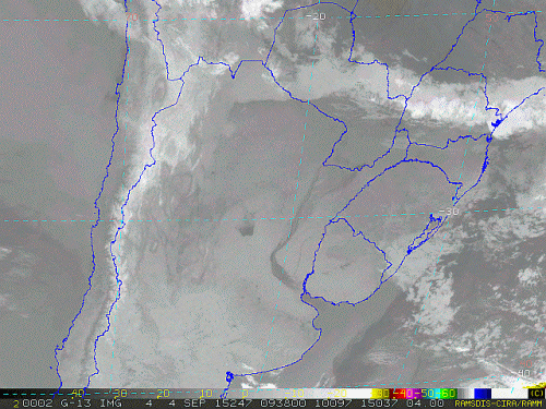 Imagem do satélite GOES 13/NOAA/EUA – Canal do Infravermelho + realce – dia 04/09/2015 – Hora local: 06:40 – Sul do Brasil.