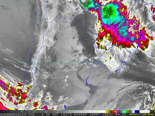 Imagem do satélite GOES 13/NOAA/EUA – Canal do Infravermelho + realce – dia 30/09/2015 – Hora local: 05:45 – Sul do Brasil.