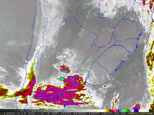 Imagem do satélite GOES 13/NOAA/EUA – Canal do Infravermelho + realce – dia 09/09/2015 – Hora local: 05:45 – Sul do Brasil.