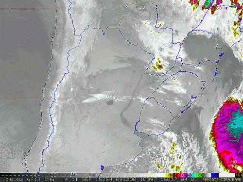 Imagem do satélite GOES 13/NOAA/EUA – Canal do Infravermelho + realce – dia 11/09/2015 – Hora local: 06:40 – Sul do Brasil.