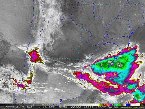 Imagem do satélite GOES 13/NOAA/EUA – Canal do Infravermelho + realce – dia 16/09/2015 – Hora local: 07:10 – Sul do Brasil.