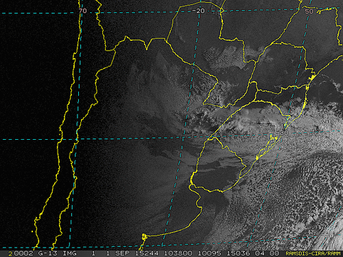 Imagem do satélite GOES 13/NOAA/EUA – Canal do Visível – dia 01/09/2015 – Hora local: 07:40 – Sul do Brasil.