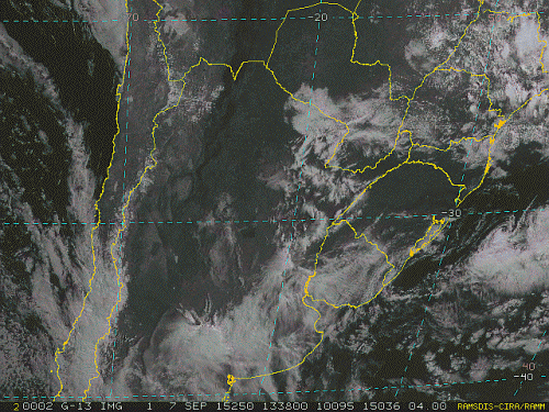 Imagem do satélite GOES 13/NOAA/EUA – Canal do Visível – dia 07/09/2015 – Hora local: 10:40 – Sul do Brasil.