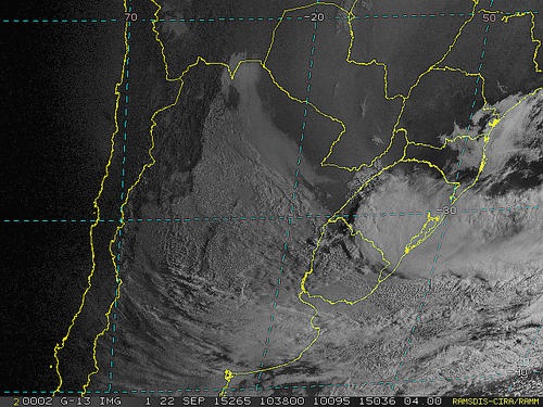 Imagem do satélite GOES 13/NOAA/EUA – Canal do Visível – dia 22/09/2015 – Hora local: 07:40 – Sul do Brasil.