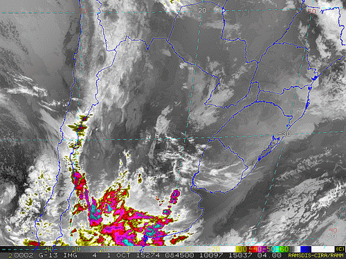Imagem do satélite GOES 13/NOAA/EUA – Canal do Infravermelho + realce – dia 01/10/2015 – Hora local: 05:45 – Sul do Brasil.