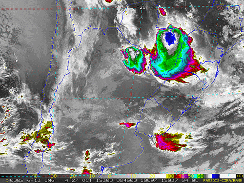 Imagem do satélite GOES 13/NOAA/EUA – Canal do Infravermelho + realce – dia 27/10/2015 – Hora local: 06:45 – Sul do Brasil.