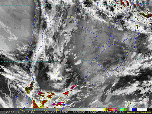 Imagem do satélite GOES 13/NOAA/EUA – Canal do Infravermelho + realce – dia 28/10/2015 – Hora local: 06:40 – Sul do Brasil.