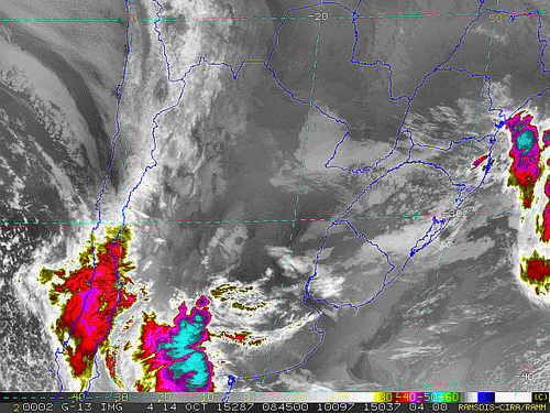 Imagem do satélite GOES 13/NOAA/EUA – Canal do Infravermelho + realce – dia 14/10/2015 – Hora local: 05:45 – Sul do Brasil.