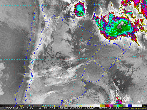 Imagem do satélite GOES 13/NOAA/EUA – Canal do Infravermelho + realce – dia 23/10/2015 – Hora local: 06:40 – Sul do Brasil.