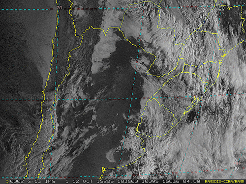 Imagem do satélite GOES 13/NOAA/EUA – Canal do Visível – dia 12/10/2015 – Hora local: 07:40 – Sul do Brasil.