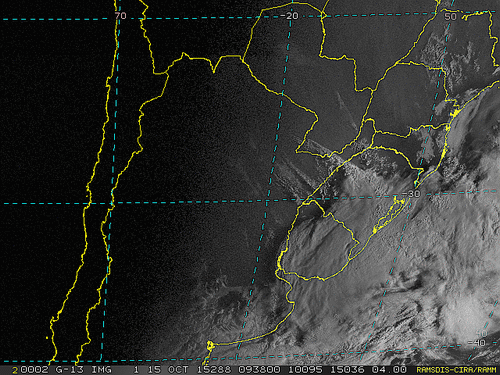 Imagem do satélite GOES 13/NOAA/EUA – Canal do Visível – dia 15/10/2015 – Hora local: 06:40 – Sul do Brasil.