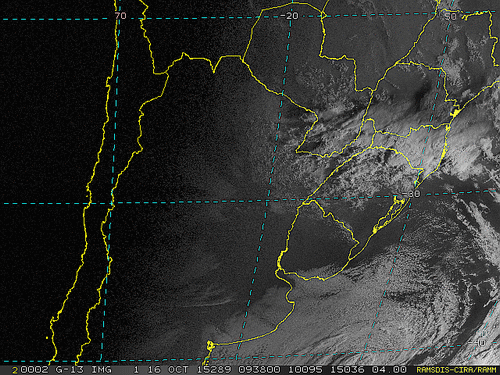 Imagem do satélite GOES 13/NOAA/EUA – Canal do Visível – dia 16/10/2015 – Hora local: 06:40 – Sul do Brasil.