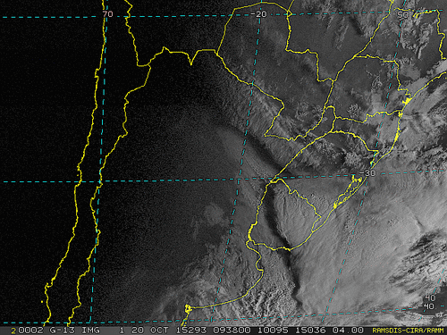 Imagem do satélite GOES 13/NOAA/EUA – Canal do Visível – dia 20/10/2015 – Hora local: 07:40 – Sul do Brasil.