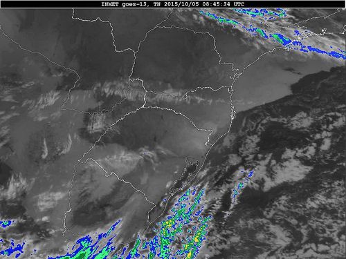 Imagem do satélite GOES 13/NOAA/EUA – Canal do Infravermelho + realce – dia 05/10/2015 – Hora local: 05:45 – Sul do Brasil.