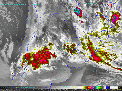 Imagem do satélite GOES 13/NOAA/EUA – Canal do Infravermelho + realce – dia 04/11/2015 – Hora local: 06:45– Sul do Brasil.