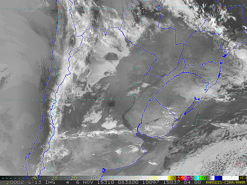 Imagem do satélite GOES 13/NOAA/EUA – Canal do Infravermelho + realce – dia 06/11/2015 – Hora local: 06:40– Sul do Brasil.