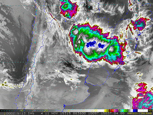 Imagem do satélite GOES 13/NOAA/EUA – Canal do Infravermelho + realce – dia 11/11/2015 – Hora local: 06:40– Sul do Brasil.