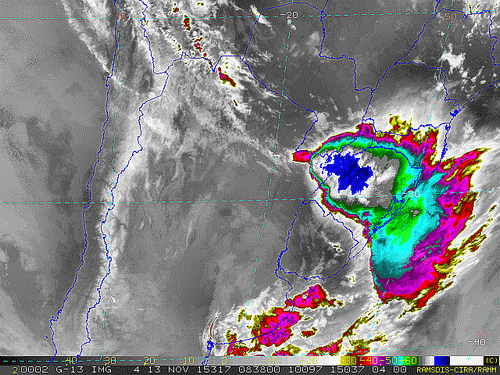 Imagem do satélite GOES 13/NOAA/EUA – Canal do Infravermelho + realce – dia 13/11/2015 – Hora local: 06:40– Sul do Brasil.