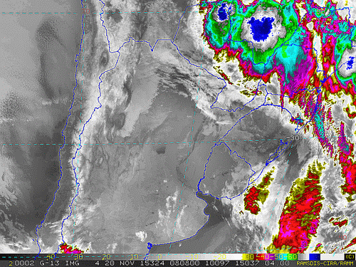 Imagem do satélite GOES 13/NOAA/EUA – Canal do Infravermelho + realce – dia 20/11/2015 – Hora local: 06:10– Sul do Brasil.