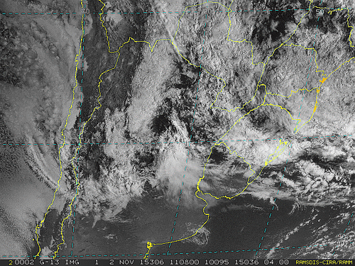 Imagem do satélite GOES 13/NOAA/EUA – Canal do Visível – dia 02/11/2015 – Hora local: 09:10 – Sul do Brasil.