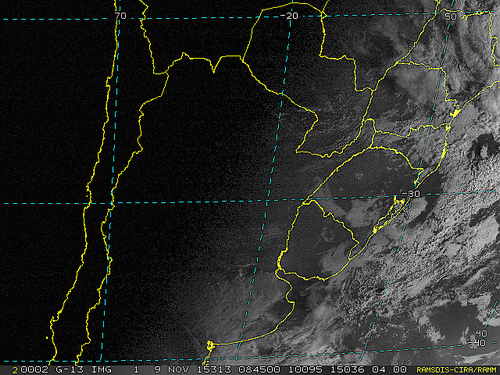 Imagem do satélite GOES 13/NOAA/EUA – Canal do Visível – dia 09/11/2015 – Hora local: 06:45 – Sul do Brasil.