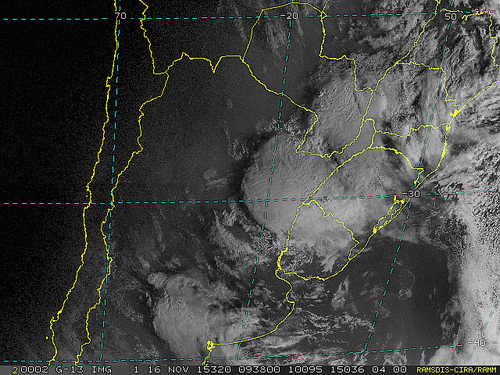 Imagem do satélite GOES 13/NOAA/EUA – Canal do Visível – dia 16/11/2015 – Hora local: 07:40 – Sul do Brasil.