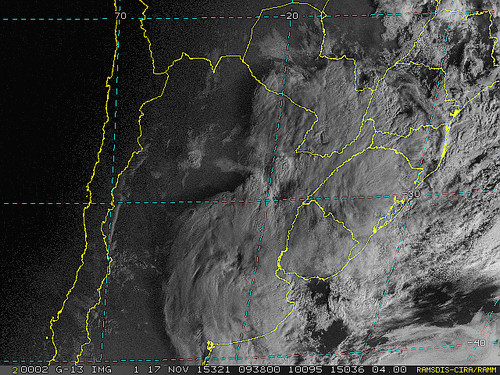 Imagem do satélite GOES 13/NOAA/EUA – Canal do Visível – dia 17/11/2015 – Hora local: 07:40 – Sul do Brasil.