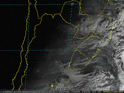 Imagem do satélite GOES 13/NOAA/EUA – Canal do Visível – dia 23/11/2015 – Hora local: 06:45 – Sul do Brasil.