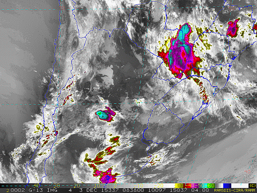 Imagem do satélite GOES 13/NOAA/EUA – Canal do Infravermelho + realce – dia 03/12/2015 – Hora local: 06:40 – Sul do Brasil.
