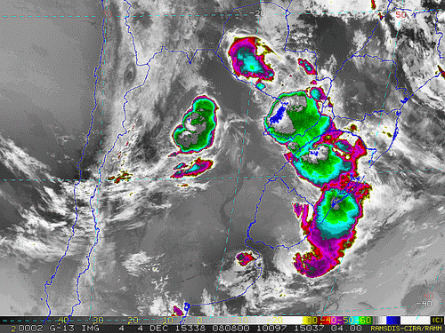 Imagem do satélite GOES 13/NOAA/EUA – Canal do Infravermelho + realce – dia 04/12/2015 – Hora local: 06:10 – Sul do Brasil.