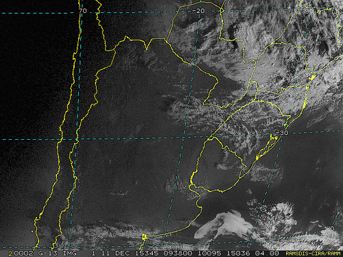 Imagem do satélite GOES 13/NOAA/EUA – Canal do Visível – dia 11/12/2015 – Hora local: 07:40 – Sul do Brasil.