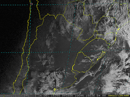Imagem do satélite GOES 13/NOAA/EUA – Canal do Visível – dia 16/12/2015 – Hora local: 07:40 – Sul do Brasil.