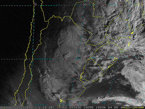 Imagem do satélite GOES 13/NOAA/EUA – Canal do Visível – dia 28/12/2015 – Hora local: 07:40 – Sul do Brasil.